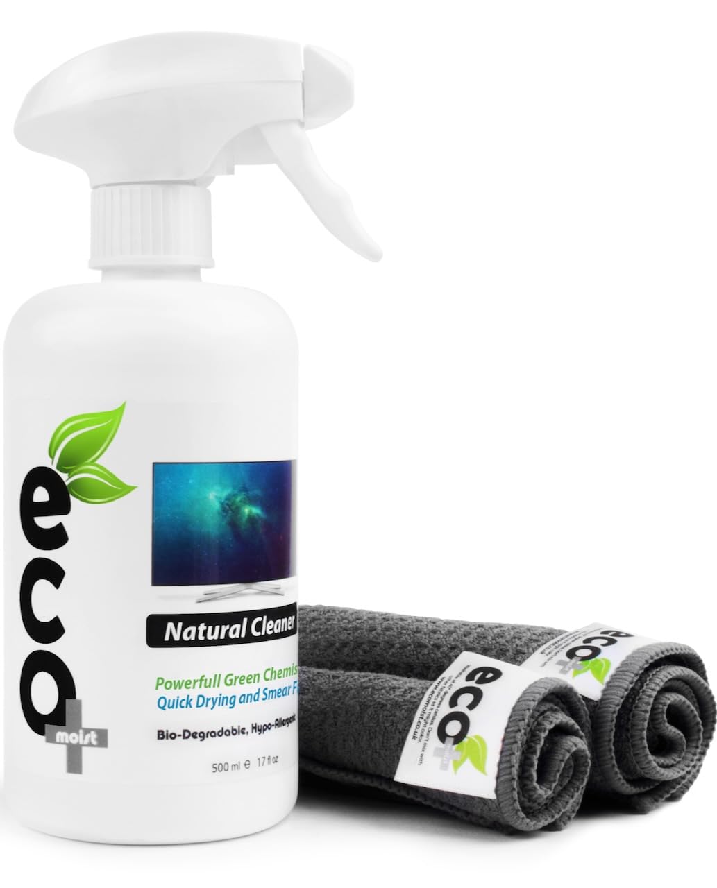 - Ecomoist Screen Cleaner | 500ml With 2 x Microfibre Towels | 40x40cm And 20x20cm -