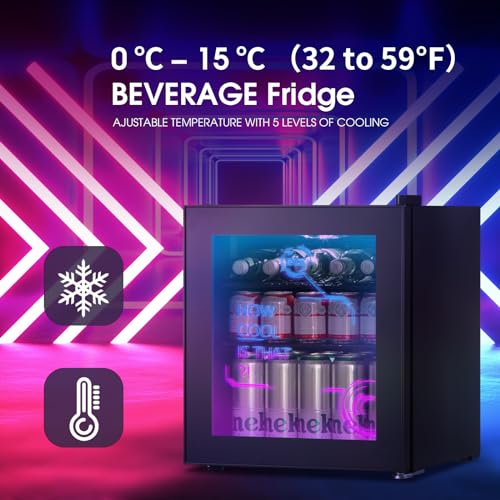 - HCK 48L Mini Fridge with Glass Door | Quiet 39dB | Cyberpunk Beer Fridge with Modern LED Lighting, Drinks Fridge Gaming Refrigerators | 0-15°C Precise Control -