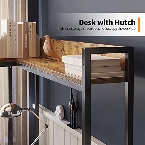 CubiCubi L-Shaped Desk with Hutch, 150x120x144 cm Corner Computer Desk, Large Home Office Desk with Bookshelf and Storage Shelves, Space-Saving, Rustic Brown