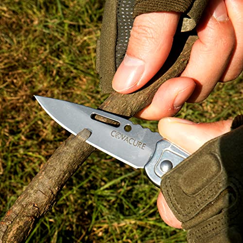 COVACURE UK Legal Non-Locking Pocket Knife with Silver Skeletonized Handle 2.4" Blade with Carabiner Clip