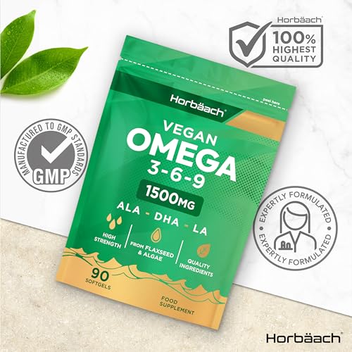 - Vegan Omega 3 6 9 Capsules | 1500mg | 90 Count | High Strength Oil from Flaxseed and Algae | -