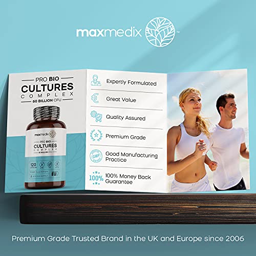 Bio Cultures Complex Probiotics & Prebiotics - 60 Billion CFU - 2 Months Supply - 120 Vegan Probiotic Complex Capsules for Adults - 20 Gut-Friendly Bacterial Cultures Like Lactobacillus Acidophilus