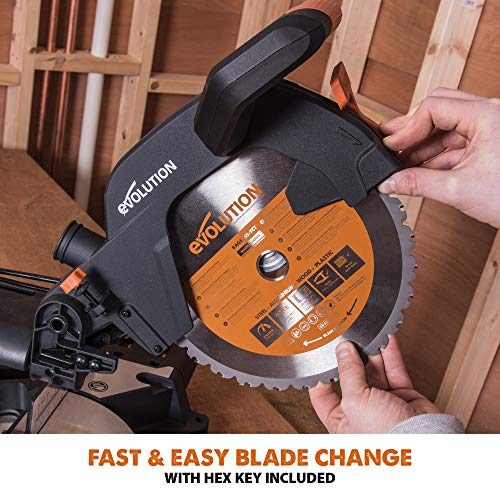- Evolution Power Tools R255SMS+ Compound Mitre Saw | Multi-Material Cutting Blade | Chop Wood Metal Plastic | 45° Bevel | 50° Mitre Angle | 300mm Slide | 2000 W | 255 mm | 220-240 V -