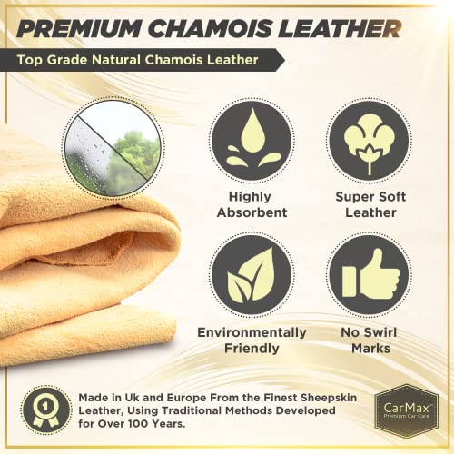 CarMax Essentials - Premium Natural Chamois Leather - Fanatic's Five Pack - Perfect for car detailing, glass, mirrors and for windows and glass around the home