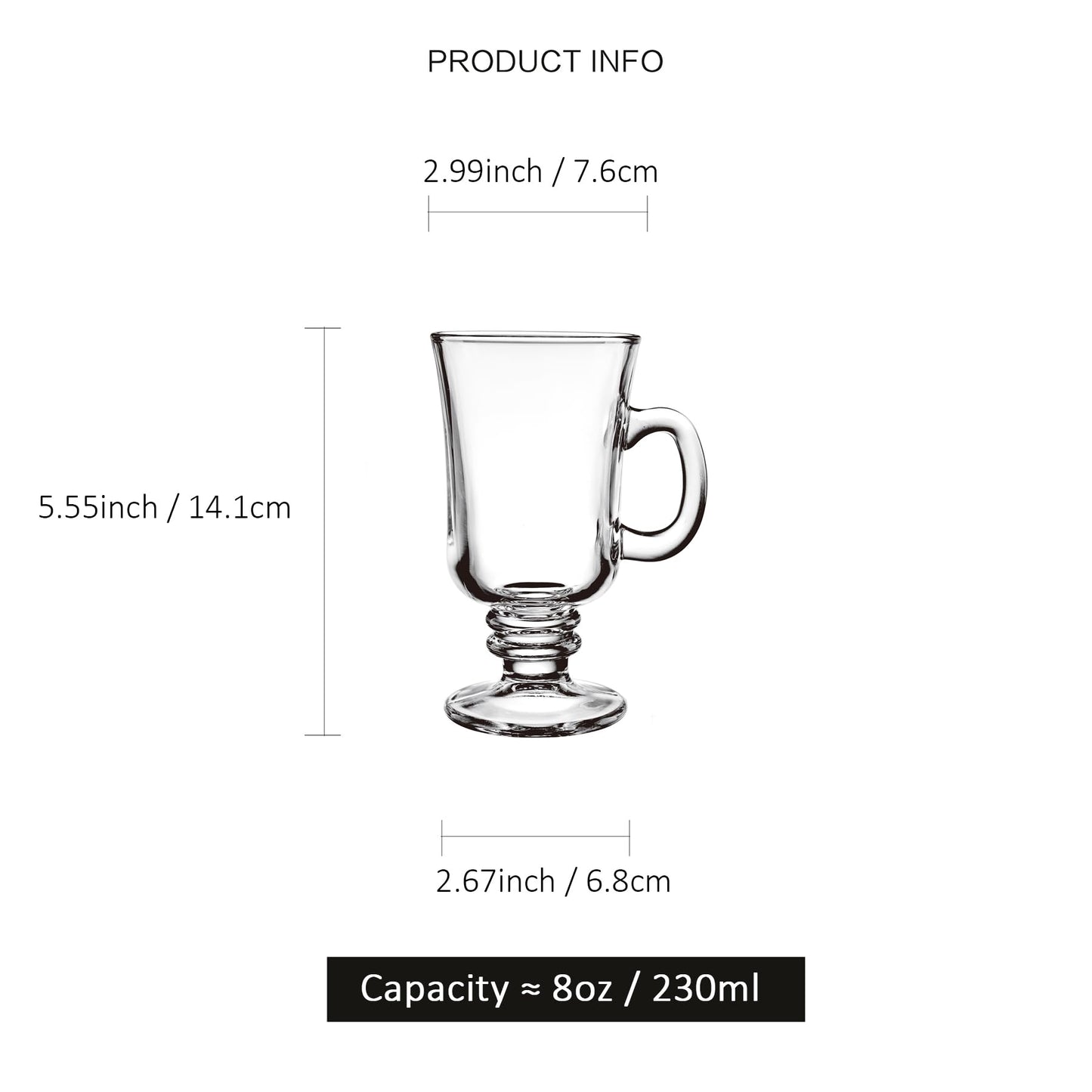 binsakao Irish Coffee Glasses, Latte Glasses Set of 4 Latte Mugs, 230ml Glass Coffee Mugs with Handle, Cappuccino Cups Hot Chocolate Glasses