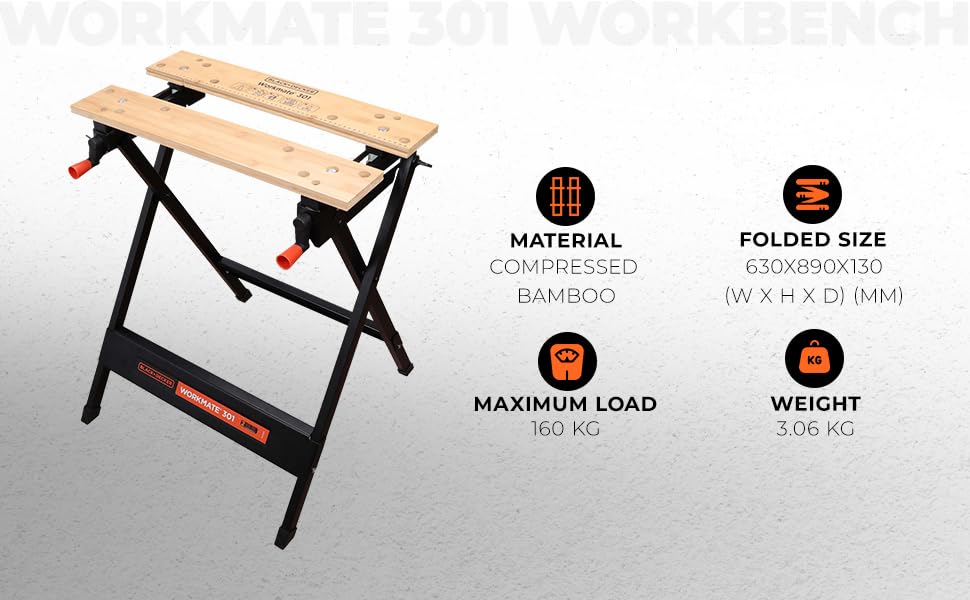 BLACK+DECKER Workmate, Work Bench Tool Stand Saw Horse Dual Clamping Crank, Heavy Duty Steel Frame, WM301