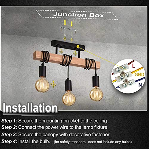 - Lightess Industrial Wood Pendant Light with 3 Heads | Adjustable Pendent Chandelier Light | Vintage Semi Flush Ceiling Light -