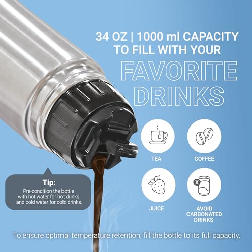 - Milton Vacuum Flask for Hot Drink 1 Litre (34 oz) | Stainless Steel Double Walled Insulated Water Bottle -