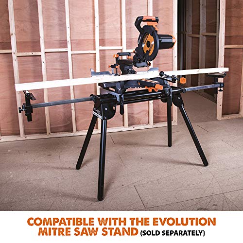 - Evolution Power Tools R255SMS+ Compound Mitre Saw | Multi-Material Cutting Blade | Chop Wood Metal Plastic | 45° Bevel | 50° Mitre Angle | 300mm Slide | 2000 W | 255 mm | 220-240 V -