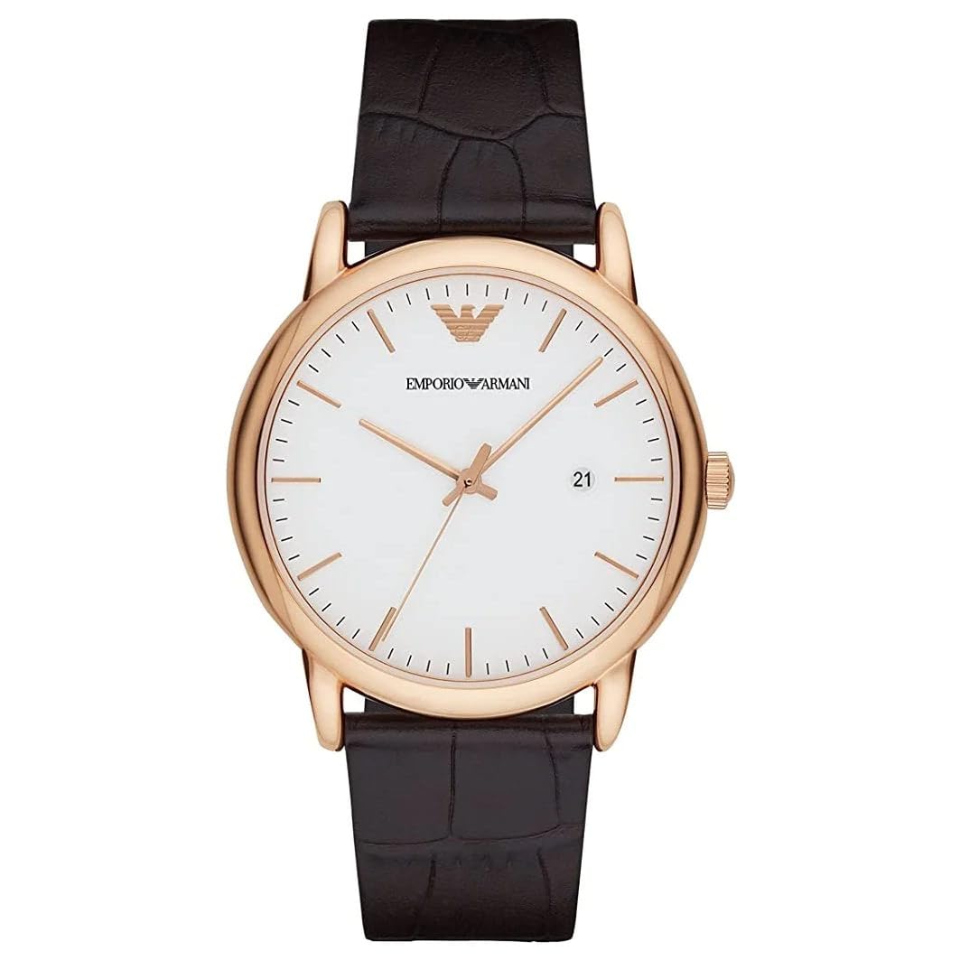 - Emporio Armani Watch for Men | Two Hand Date Movement | 43 mm Rose Gold Stainless Steel Case with a Leather Strap | AR2502 -