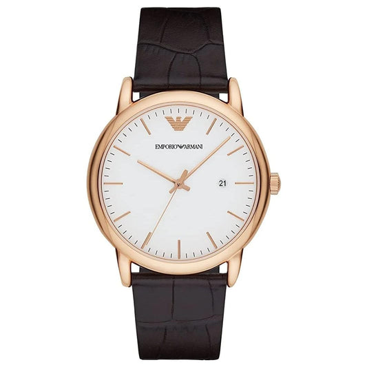 - Emporio Armani Watch for Men | Two Hand Date Movement | 43 mm Rose Gold Stainless Steel Case with a Leather Strap | AR2502 -