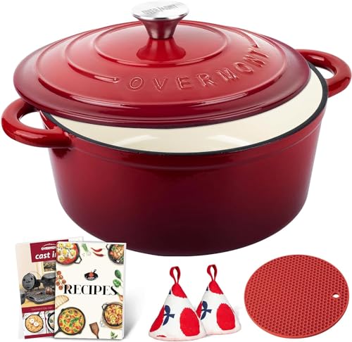 - Overmont 5L Enamelled Cast Iron Round Casserole Dish | Lid | 26cm | Cookbook -