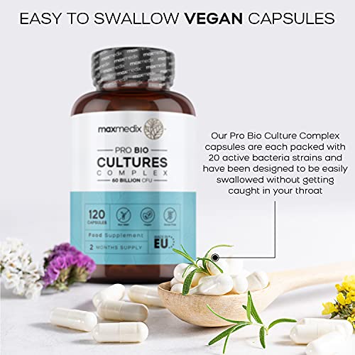 Bio Cultures Complex Probiotics & Prebiotics - 60 Billion CFU - 2 Months Supply - 120 Vegan Probiotic Complex Capsules for Adults - 20 Gut-Friendly Bacterial Cultures Like Lactobacillus Acidophilus