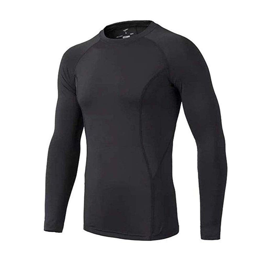 BUYKUD Men's Long Sleeve Base Layer Compression Athletic Underwear Shirt Tights Top & Bottom Set, L(69-71 inch,154-176lb), Black