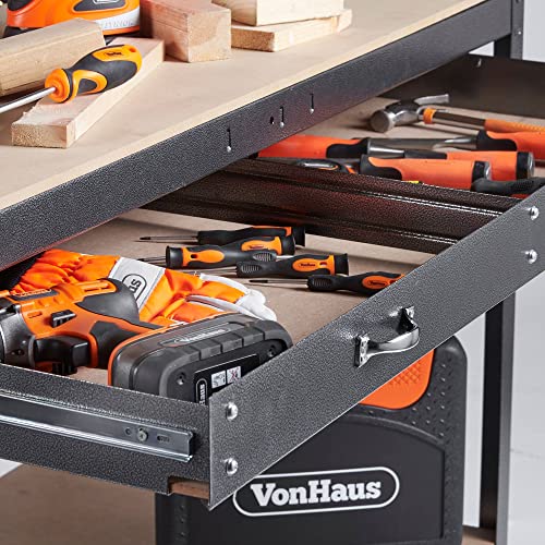 - VonHaus Garage Work Bench with Pegboard - Metal and Wooden Workbenches - Suitable for Most Garage Equipment - Garage Workbench Containing - Storage Drawer