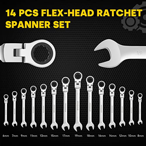 - Enventor 14PCS Flex-Head Ratchet Spanner Set | Metric, 6mm to 19mm Ratcheting Combination Wrench Set with Carry Case -