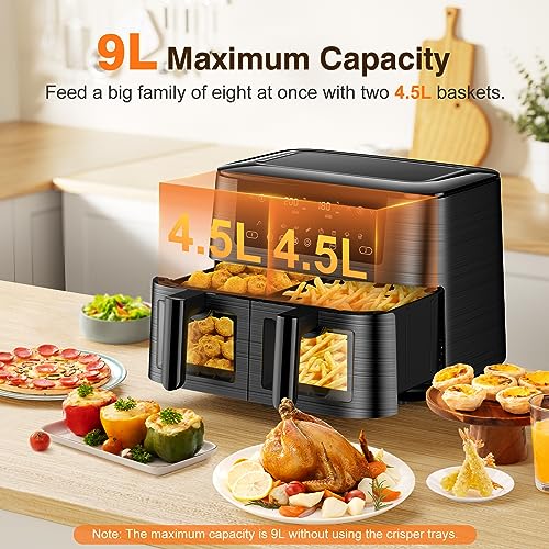 9L Dual Air Fryer with Visual Window, XL Capacity, 2 Drawers, 9-In-1 Cooking Presets, Touch Screen, Smart Finish, Timer Function, Dishwasher-Safe, Healthy Oil Free & Low Fat Cooking