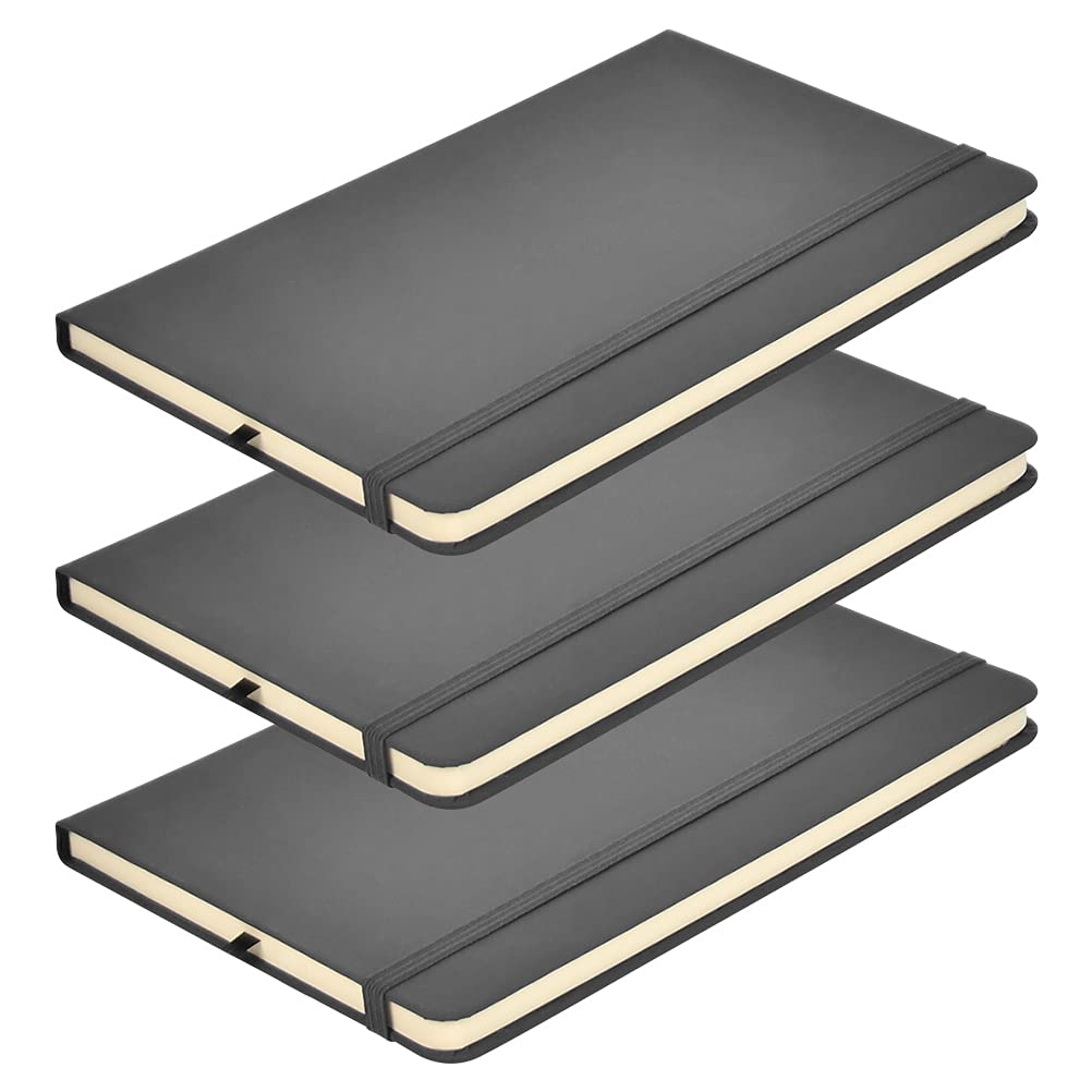 BEEK QS3I A5, 3 PCS Journal, Lined Notebook, Hardcover Notepad for Office, 160 Pages Book with Elastic Strap, Diary Pad for Business Writing, Note Recording-Balck, Acrylic, Black