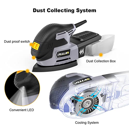 - JELLAS Detail Mouse Sander 220W | Compact Sander Machine for Wood | 13,000 RPM Sanders with Dust Collection | 12PCS Standard Sandpapers -