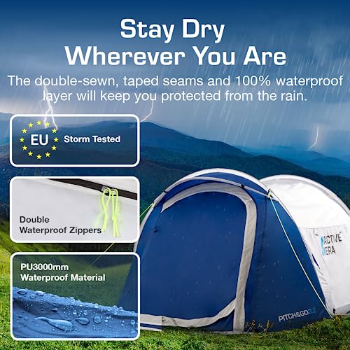 Active Era® Pop Up Tent - 2 Layer Waterproof 2 Person Pop-Up Tent – 100% Storm Tested with Advanced Ventilation and Easy-Pitch Construction - Perfect for Camping and Festivals (Blue)