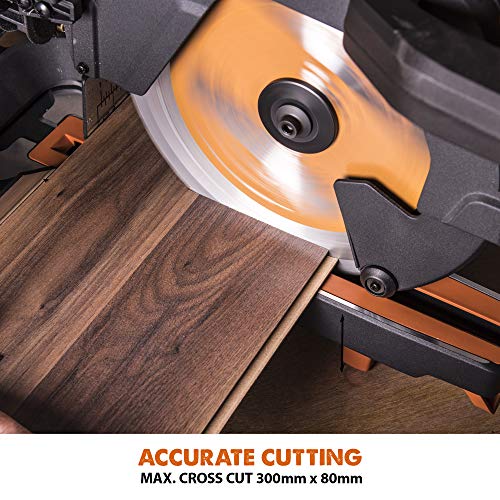 - Evolution Power Tools R255SMS+ Compound Mitre Saw | Multi-Material Cutting Blade | Chop Wood Metal Plastic | 45° Bevel | 50° Mitre Angle | 300mm Slide | 2000 W | 255 mm | 220-240 V -