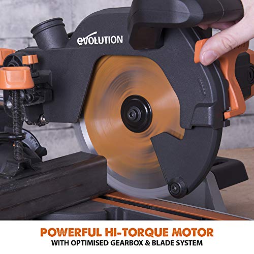 - Evolution Power Tools R210SMS+ Sliding Mitre Saw With Multi-Material Cutting | 45° Bevel | 50° Mitre | 230mm Slide | 1500 W | 230 V -