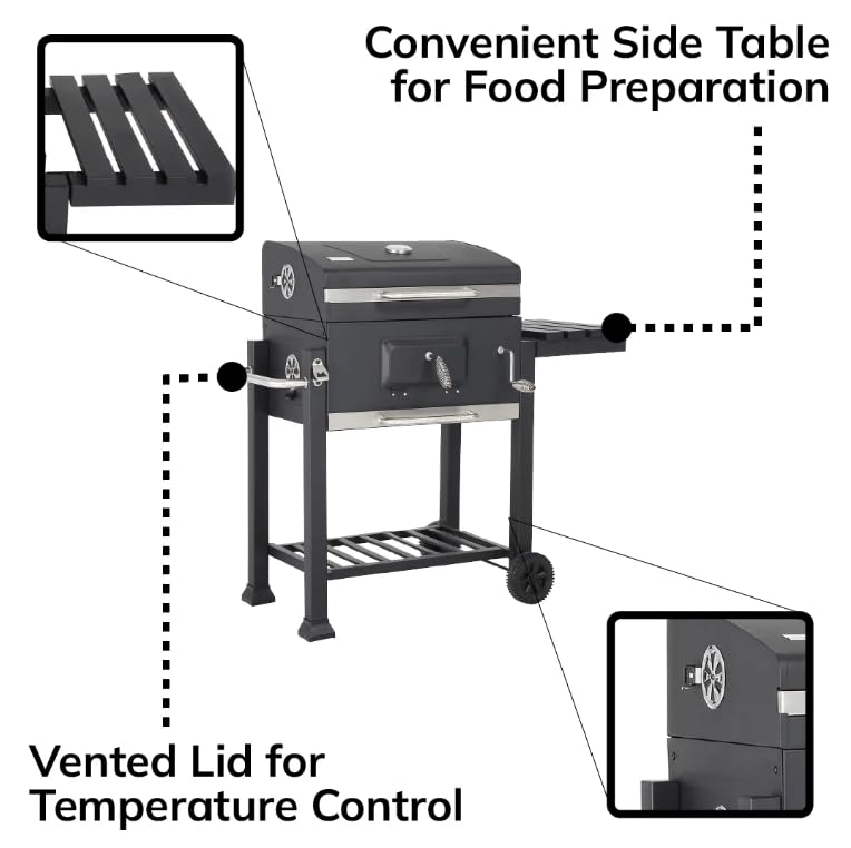 BillyOh Charcoal BBQ Grill Smoker with Side Table Shelf Stainless Steel Barbecue with Wheels Outdoor Portable Garden BBQ with Temperature Gauge, Grey Texas