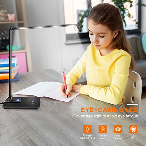 Desk Lamp, Eye-caring Table Lamp with USB Charging Port, Dimmable Bedside Lamp With Night Light , 5 Light Modes x 10 Brightness Levels, Touch Control, for Home, Office ,Bedroom, Reading, Work, Study