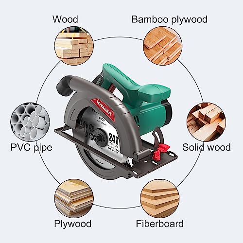 Circular Saw, 1300W HYCHIKA Electric Saw 4500RPM, High Power Motor, 24T Blade(185mm), Cutting Depth 65mm (90º), 45mm (45º), Safety Switch, Dust Extraction, for Wood/Plastic Cutting