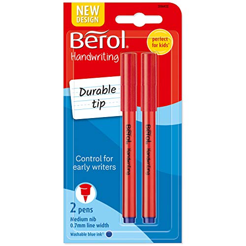 Berol Handwriting Pens | Round Shape is Easy to Hold | Washable Blue Ink | Bright Barrels | 2 Count