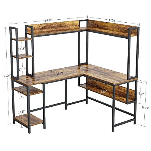 CubiCubi L-Shaped Desk with Hutch, 150x120x144 cm Corner Computer Desk, Large Home Office Desk with Bookshelf and Storage Shelves, Space-Saving, Rustic Brown