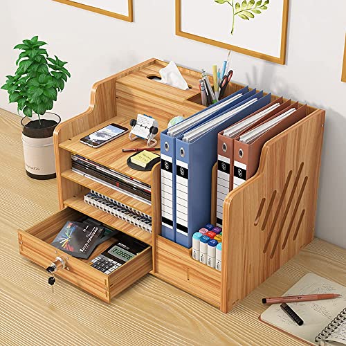 - Updated Wooden Desktop Organiser with Drawer - Large Capacity Desk - Tidy Storage Holder -