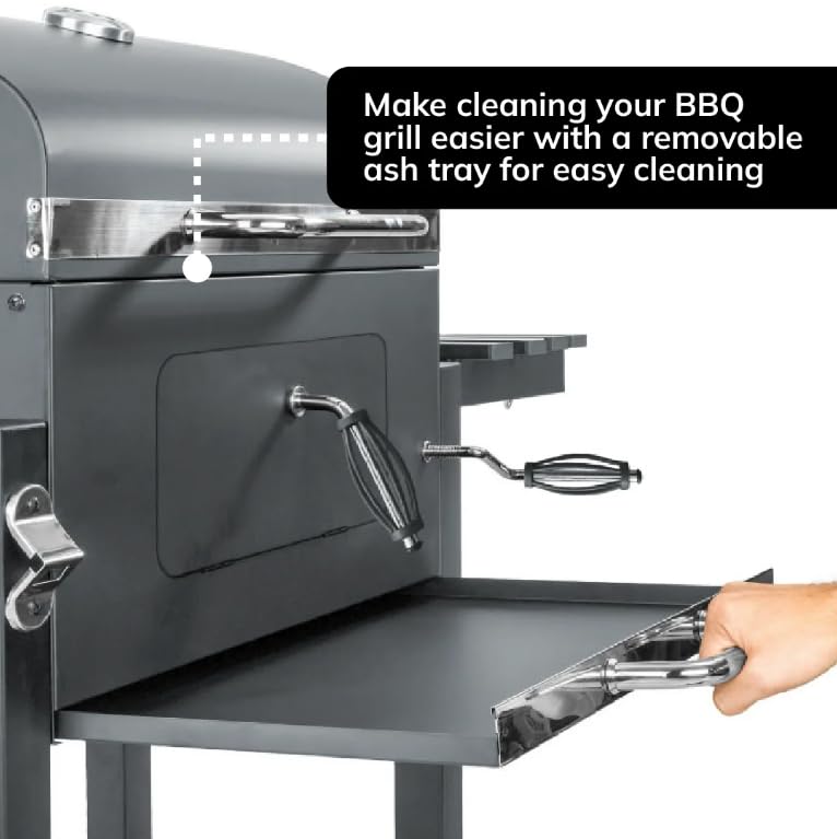 BillyOh Charcoal BBQ Grill Smoker with Side Table Shelf Stainless Steel Barbecue with Wheels Outdoor Portable Garden BBQ with Temperature Gauge, Grey Texas