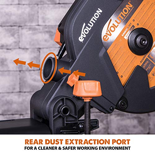 - Evolution Power Tools R255SMS+ Compound Mitre Saw | Multi-Material Cutting Blade | Chop Wood Metal Plastic | 45° Bevel | 50° Mitre Angle | 300mm Slide | 2000 W | 255 mm | 220-240 V -