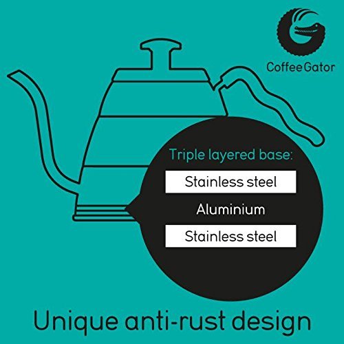 Coffee Gator Gooseneck Kettle – 1.2 Litre, Stainless-Steel Stovetop Kettles w/Precision Drip Spout & Built-in Thermometer