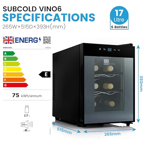 Barcool VINO6 – Table-Top Wine Fridge Black | 5-18°C | Wine Cooler | LED + Digital Display | Glass Door Drinks Cellar | Single-Zone (6 Bottle)