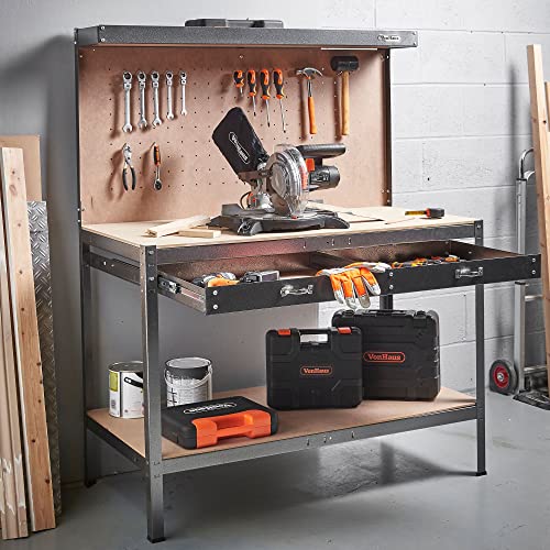 - VonHaus Garage Work Bench with Pegboard - Metal and Wooden Workbenches - Suitable for Most Garage Equipment - Garage Workbench Containing - Storage Drawer