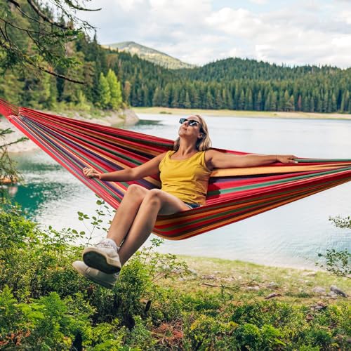 - Signstek Cotton Hammock with Tree-friendly Straps | Durable Portable Hammock | Travel Bag -