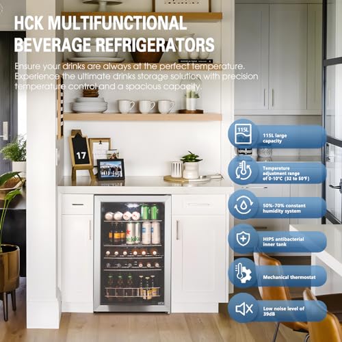 - HCK Beer Fridge | 115L Freestanding Beverage Fridge | Dual-Glazed Glass Door -