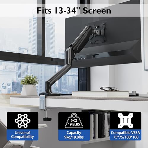 BONTEC Single Arm Monitor Desk Mount for 13-34 inch Screen, Tilt, Swivel, Rotation, Ergonomic Gas Spring Monitor Stand with Cable Management, VESA 75/100mm
