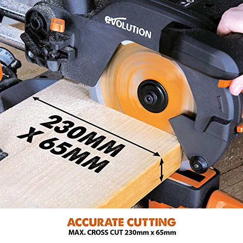 - Evolution Power Tools R210SMS+ Sliding Mitre Saw With Multi-Material Cutting | 45° Bevel | 50° Mitre | 230mm Slide | 1500 W | 230 V -