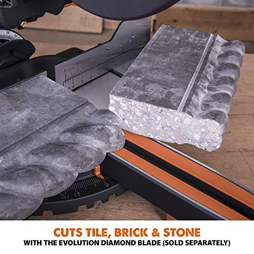 - Evolution Power Tools R255SMS+ Compound Mitre Saw | Multi-Material Cutting Blade | Chop Wood Metal Plastic | 45° Bevel | 50° Mitre Angle | 300mm Slide | 2000 W | 255 mm | 220-240 V -