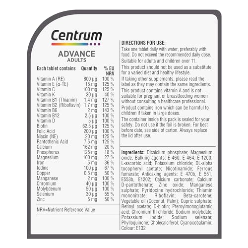 Centrum Advance Multivitamin Tablets for Men and Women, Vitamins with 24 Essential Nutrients, including Vitamin C, D and Zinc, 180 ct (Packaging and Tablet colour may vary slightly)