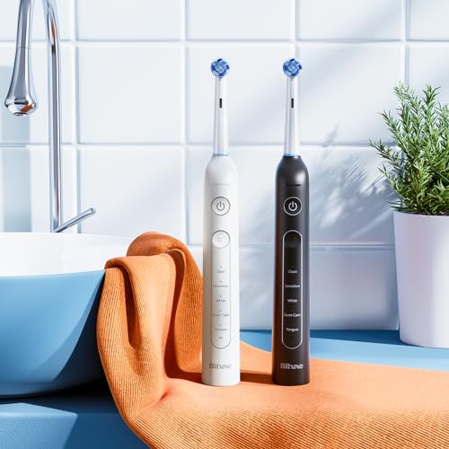 Bitvae Rotating Electric Toothbrush 2 Packs for Adults with Pressure Sensor, Gifts for Men/Women, 5 Modes Rechargeable Power Toothbrush with 8 Brush Heads, Black & White, R2