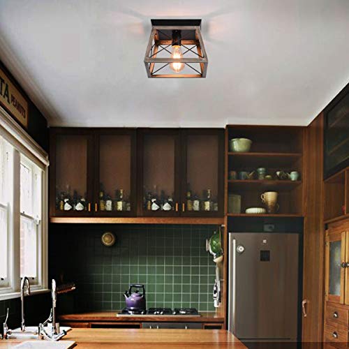 - Ganeed Industrial Flush Mount Ceiling Light | Farmhouse Rustic Close to Ceiling Light Mini Ceiling Lamp Fixture | Square Metal Cage -