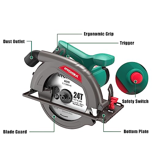 Circular Saw, 1300W HYCHIKA Electric Saw 4500RPM, High Power Motor, 24T Blade(185mm), Cutting Depth 65mm (90º), 45mm (45º), Safety Switch, Dust Extraction, for Wood/Plastic Cutting