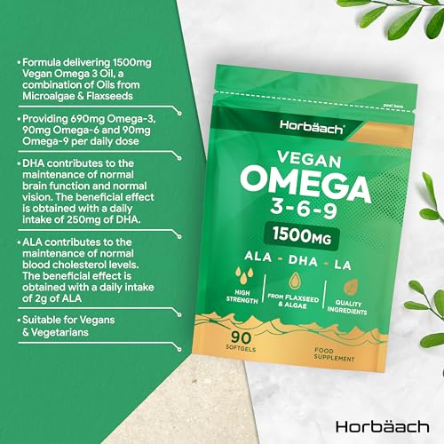 - Vegan Omega 3 6 9 Capsules | 1500mg | 90 Count | High Strength Oil from Flaxseed and Algae | -
