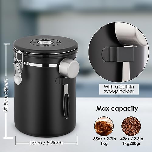 Airtight Coffee Canister, 2.8 L Stainless Steel Coffee Container for 1kg/35oz Coffee Beans, Coffee Storage Jars with Date Tracker, CO2 Valve and Scoop, Kitchen Storage Container for Coffee Beans&Tea