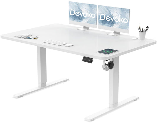 Devoko Electric Standing Desk 120x60cm Sit Stand Table Height Adjustable Desk with Backpack Hook and Memory Smart Pannel, White