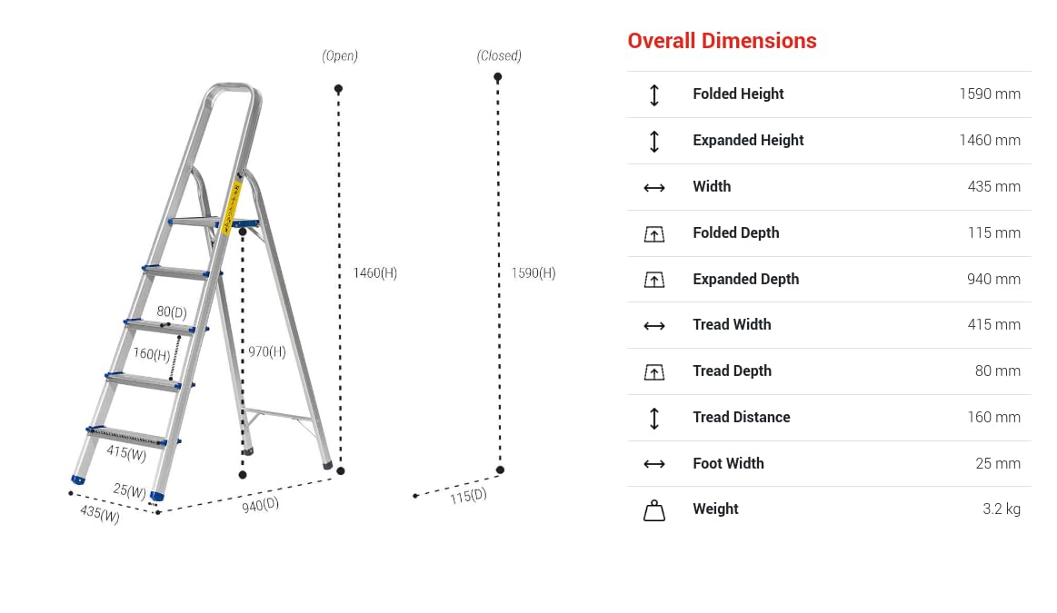 Aluminium Step Ladder, Lightweight Portable, Heavy Duty 3 or 4 or 5 Tread Folding Ladder (5 Tread)